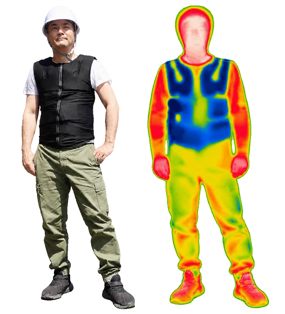 面水冷服 人間エアコンを着用した作業員と、着用中のサーモグラフィー画像（胴体が青く冷えている）